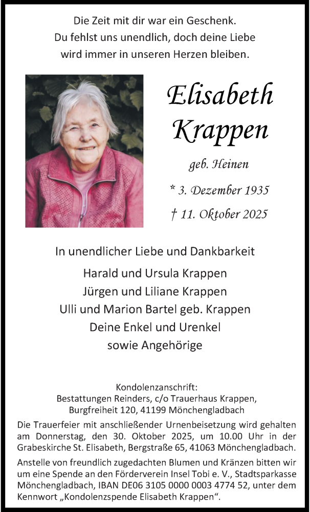  Traueranzeige für Elisabeth Krappen vom 19.10.2025 aus trauer.panorama-anzeigenblatt.de