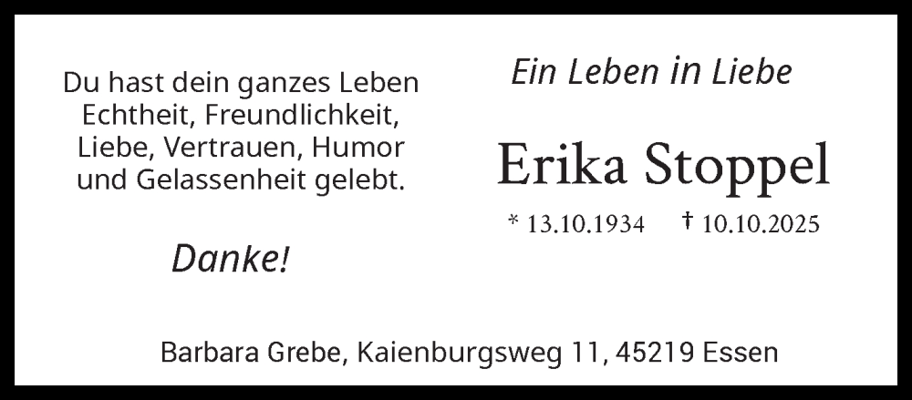  Traueranzeige für Erika Stoppel vom 18.10.2025 aus trauer.wuppertaler-rundschau.de