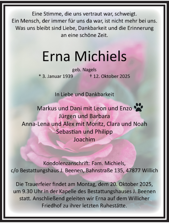 Traueranzeige von Erna Michiels von trauer.panorama-anzeigenblatt.de