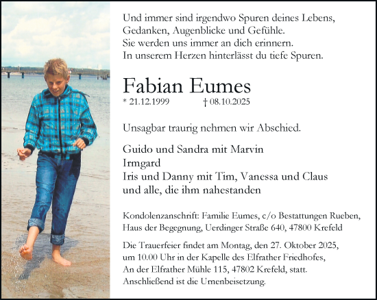 Traueranzeige von Fabian Eumes von trauer.panorama-anzeigenblatt.de