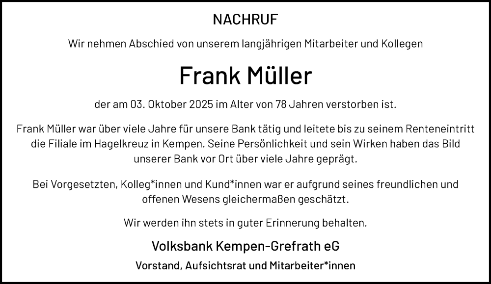  Traueranzeige für Frank Müller vom 12.10.2025 aus trauer.panorama-anzeigenblatt.de