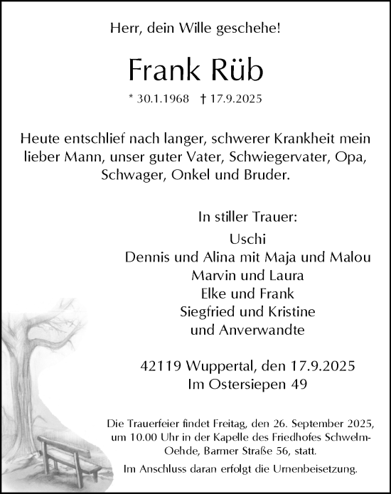 Traueranzeige von Frank Rüb von trauer.wuppertaler-rundschau.de