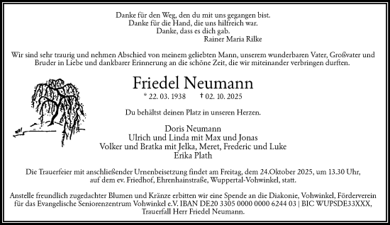 Traueranzeige von Friedel Neumann von trauer.wuppertaler-rundschau.de