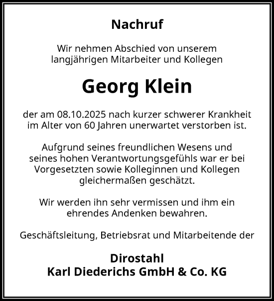 Traueranzeige von Georg Klein von trauer.wuppertaler-rundschau.de