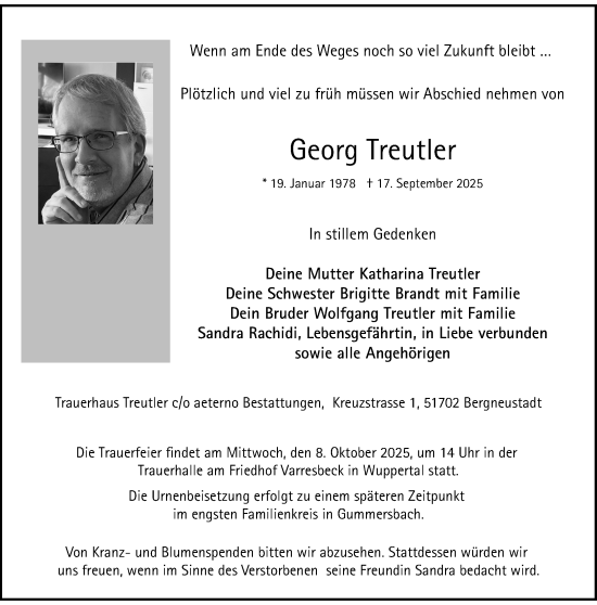 Traueranzeige von Georg Treutler von trauer.wuppertaler-rundschau.de