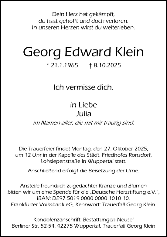 Traueranzeige von Georg Edward Klein von trauer.wuppertaler-rundschau.de