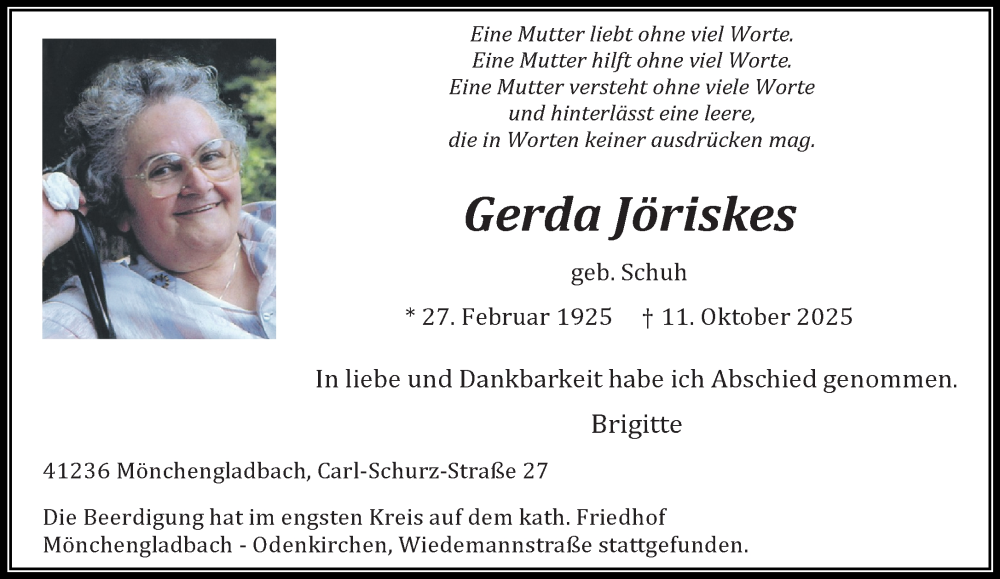  Traueranzeige für Gerda Jöriskes vom 26.10.2025 aus trauer.panorama-anzeigenblatt.de