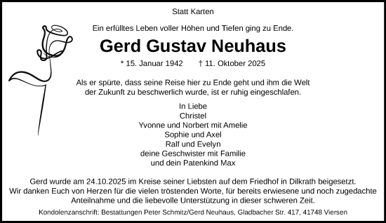 Traueranzeige von Gerd Gustav Neuhaus von trauer.panorama-anzeigenblatt.de