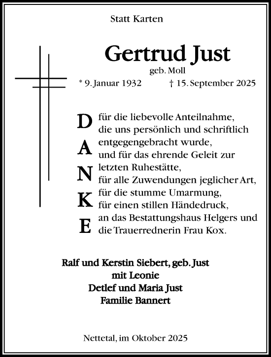 Traueranzeige von Gertrud Just von trauer.panorama-anzeigenblatt.de