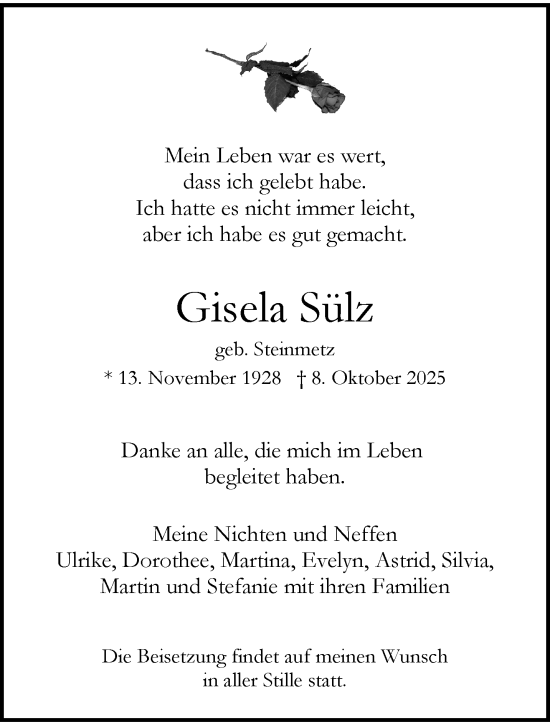 Traueranzeige von Gisela Sülz von trauer.wuppertaler-rundschau.de