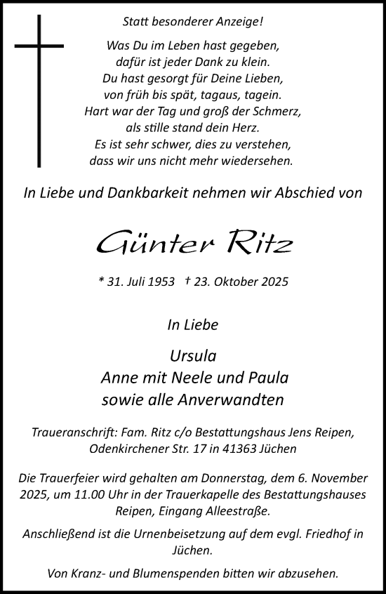 Traueranzeige von Günter Ritz von trauer.stadt-kurier.de