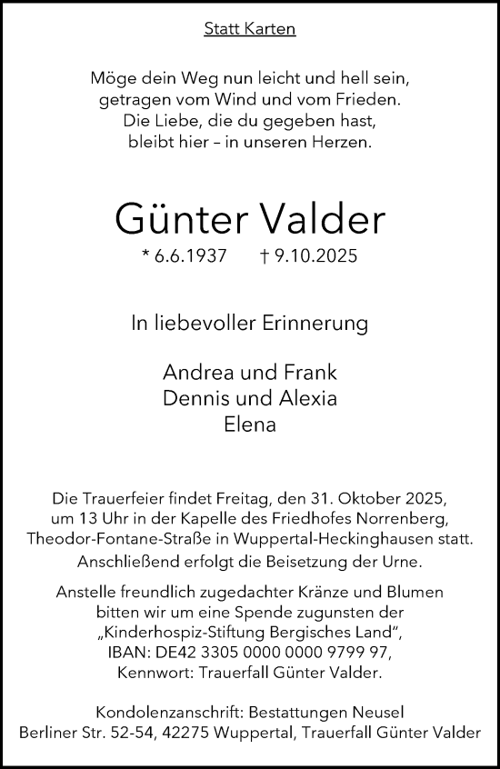 Traueranzeige von Günter Valder von trauer.wuppertaler-rundschau.de