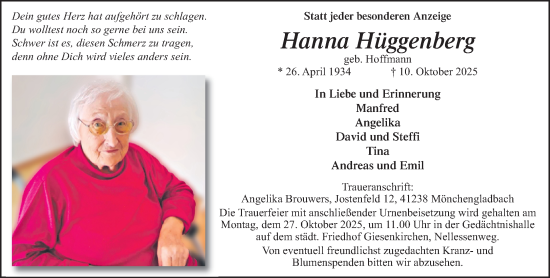 Traueranzeige von Hanna Hüggenberg von trauer.panorama-anzeigenblatt.de