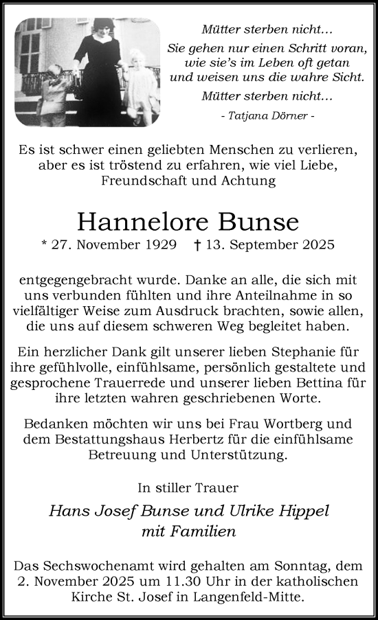 Traueranzeige von Hannelore Bunse von trauer.panorama-anzeigenblatt.de
