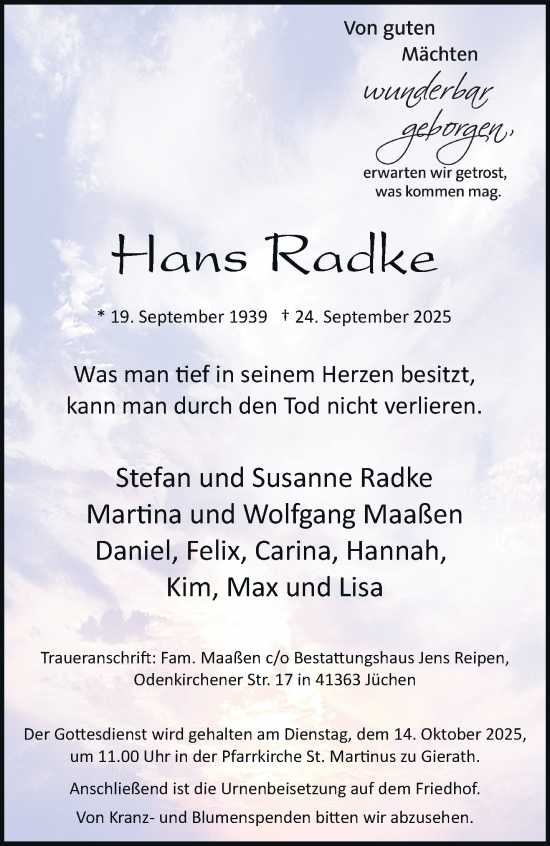 Traueranzeige von Hans Radke von trauer.stadt-kurier.de