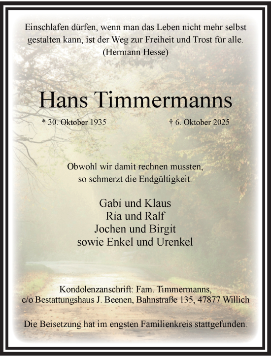 Traueranzeige von Hans Timmermanns von trauer.panorama-anzeigenblatt.de