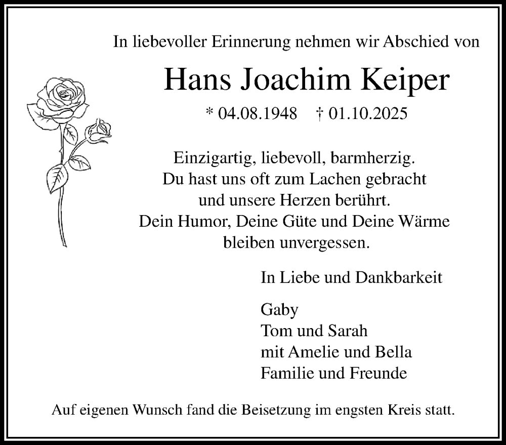  Traueranzeige für Hans Joachim Keiper vom 26.10.2025 aus trauer.panorama-anzeigenblatt.de
