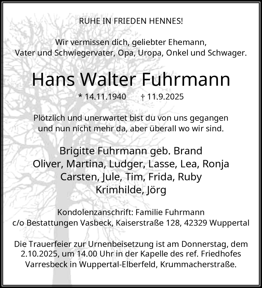  Traueranzeige für Hans Walter Fuhrmann vom 27.09.2025 aus trauer.wuppertaler-rundschau.de