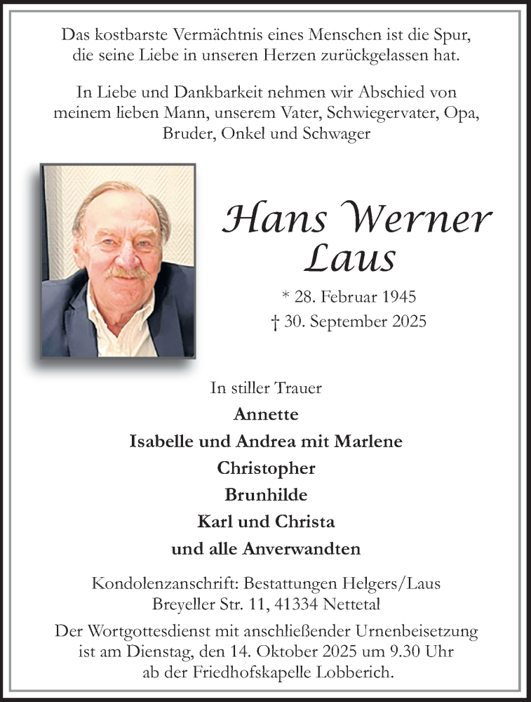  Traueranzeige für Hans Werner Laus vom 12.10.2025 aus trauer.panorama-anzeigenblatt.de