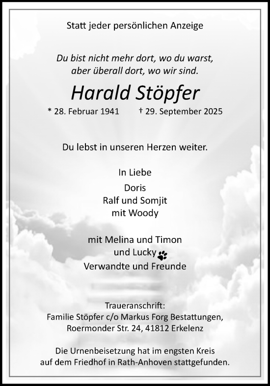 Traueranzeige von Harald Stöpfer von trauer.panorama-anzeigenblatt.de