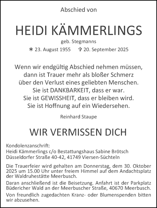Traueranzeige von Heidi Kämmerlings von trauer.panorama-anzeigenblatt.de