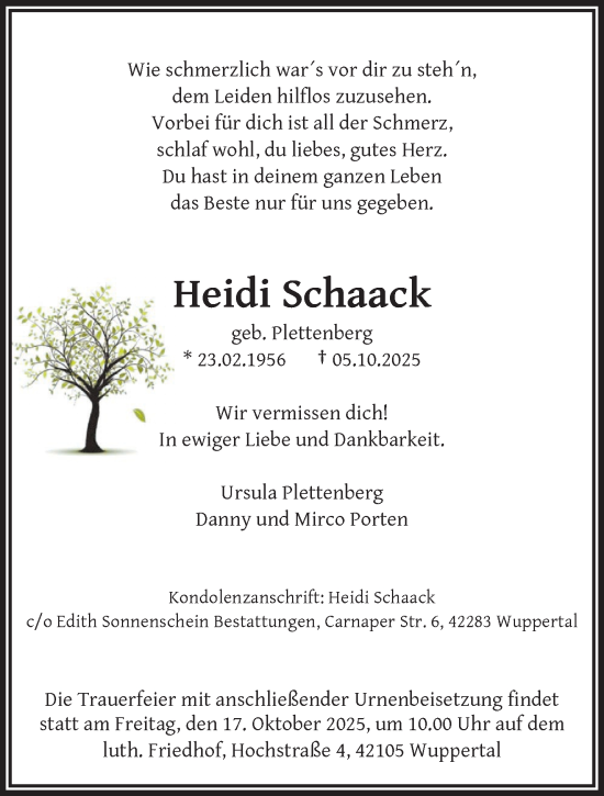 Traueranzeige von Heidi Schaack von trauer.wuppertaler-rundschau.de