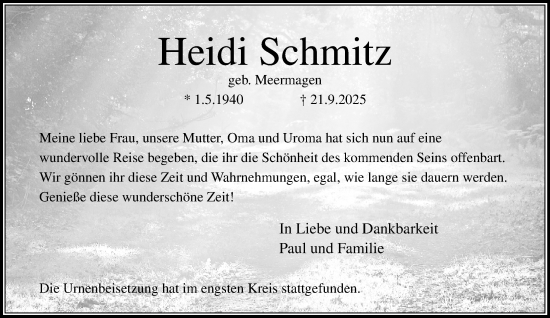 Traueranzeige von Heidi Schmitz von trauer.panorama-anzeigenblatt.de