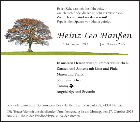 Traueranzeige von Heinz-Leo Hanßen von trauer.panorama-anzeigenblatt.de