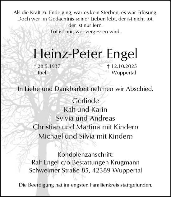 Traueranzeige von Heinz-Peter Engel von trauer.wuppertaler-rundschau.de