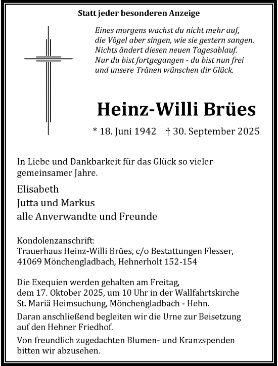 Traueranzeige von Heinz-Willi Brües von trauer.panorama-anzeigenblatt.de