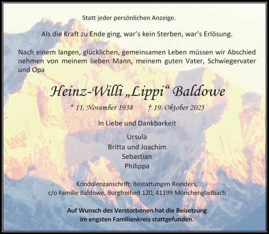Traueranzeige von Heinz-Willy Baldowe von trauer.panorama-anzeigenblatt.de