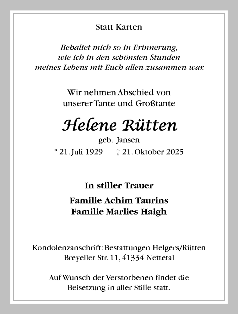  Traueranzeige für Helene Rütten vom 26.10.2025 aus trauer.panorama-anzeigenblatt.de