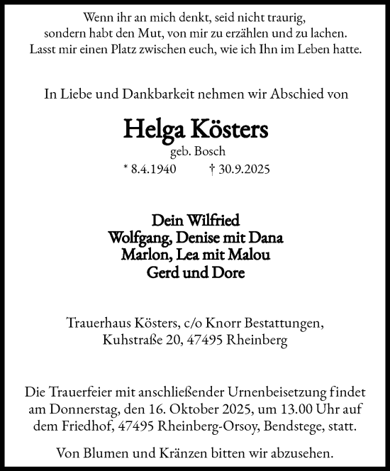 Traueranzeige von Helga Kösters von trauer.panorama-anzeigenblatt.de