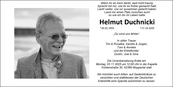 Traueranzeige von Helmut Duchnicki von trauer.wuppertaler-rundschau.de