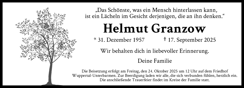 Traueranzeige für Helmut Granzow vom 27.09.2025 aus trauer.wuppertaler-rundschau.de