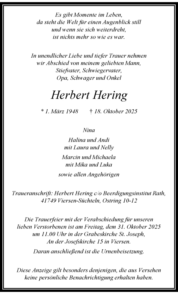  Traueranzeige für Herbert Hering vom 26.10.2025 aus trauer.panorama-anzeigenblatt.de
