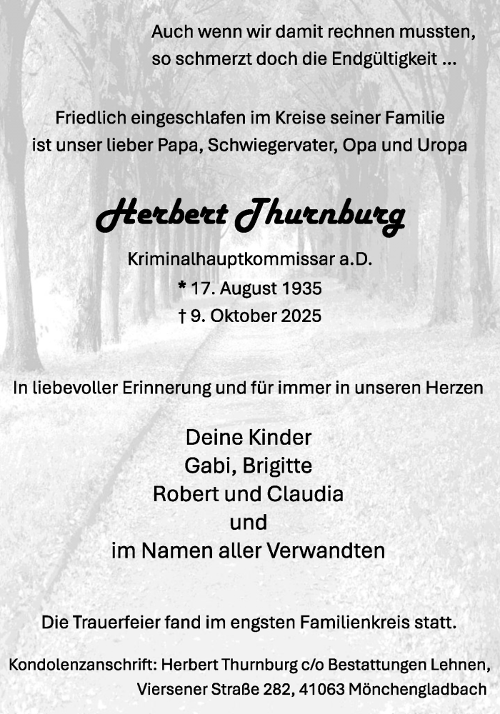  Traueranzeige für Herbert Thurnburg vom 19.10.2025 aus trauer.panorama-anzeigenblatt.de