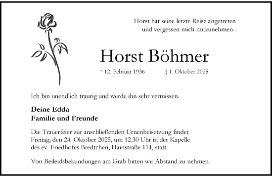 Traueranzeige von Horst Böhmer von trauer.wuppertaler-rundschau.de