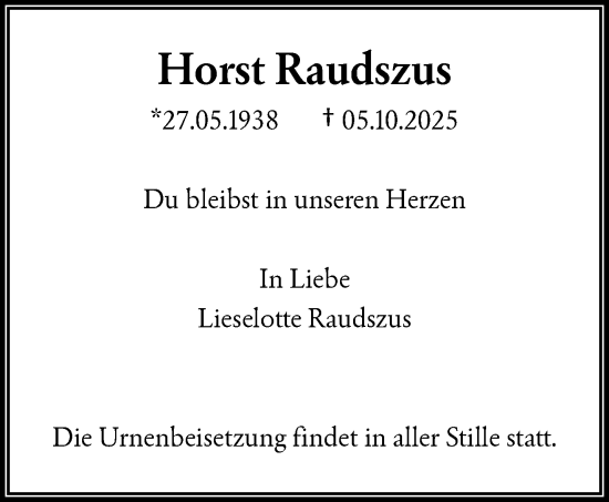Traueranzeige von Horst Raudszus von trauer.wuppertaler-rundschau.de