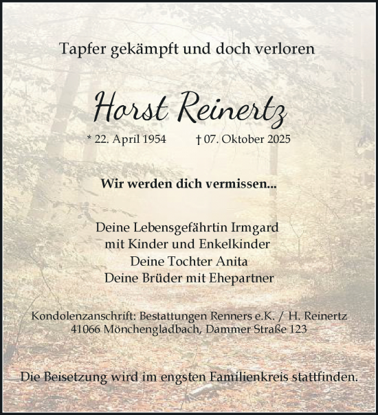 Traueranzeige von Horst Reinertz von trauer.panorama-anzeigenblatt.de