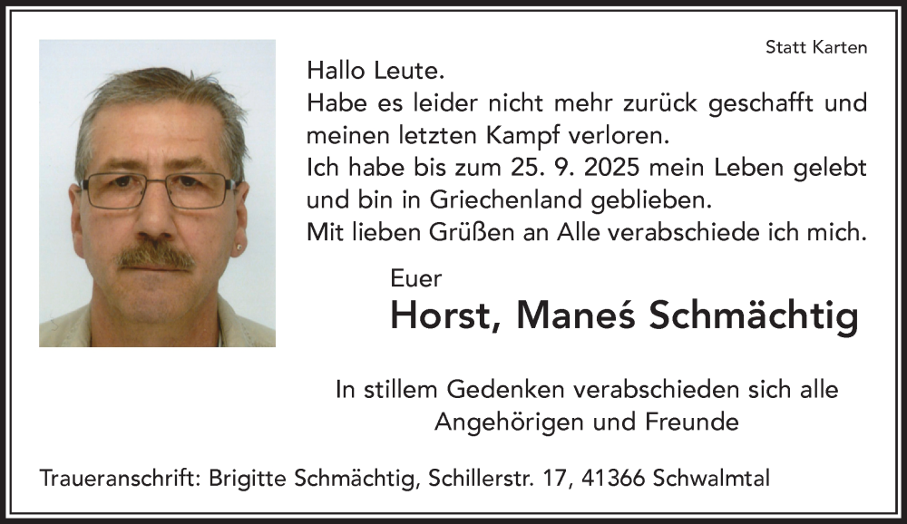  Traueranzeige für Horst Schmächtig vom 12.10.2025 aus trauer.panorama-anzeigenblatt.de