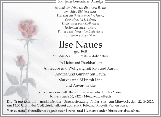 Traueranzeige von Ilse Naues von trauer.panorama-anzeigenblatt.de