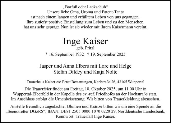 Traueranzeige von Inge Kaiser von trauer.wuppertaler-rundschau.de
