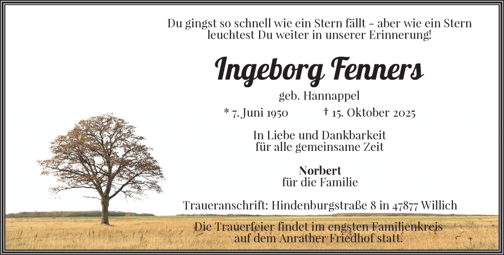  Traueranzeige für Ingeborg Fenners vom 26.10.2025 aus trauer.panorama-anzeigenblatt.de