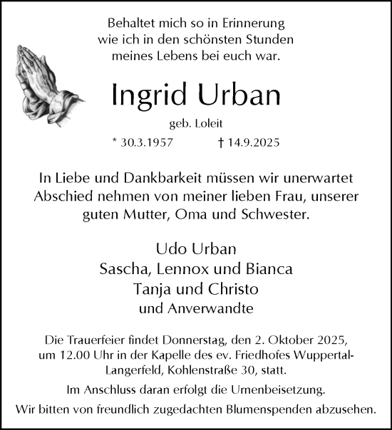 Traueranzeige von Ingrid Urban von trauer.wuppertaler-rundschau.de