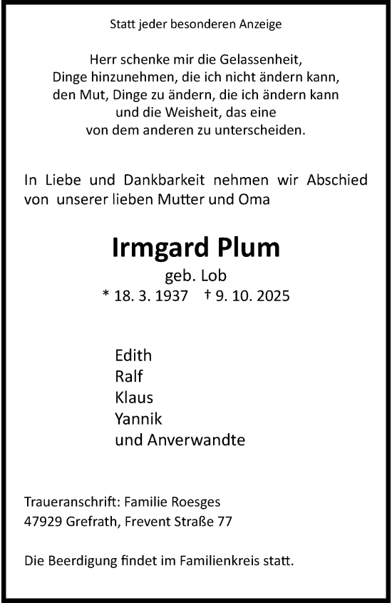 Traueranzeige von Irmgard Plum von trauer.panorama-anzeigenblatt.de
