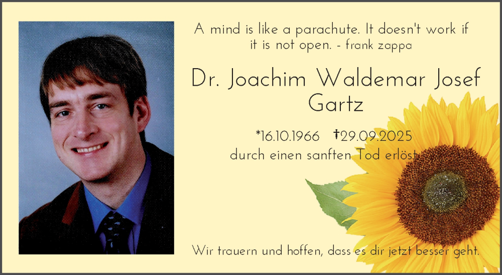  Traueranzeige für Joachim Waldemar Josef Gartz vom 11.10.2025 aus trauer.wuppertaler-rundschau.de