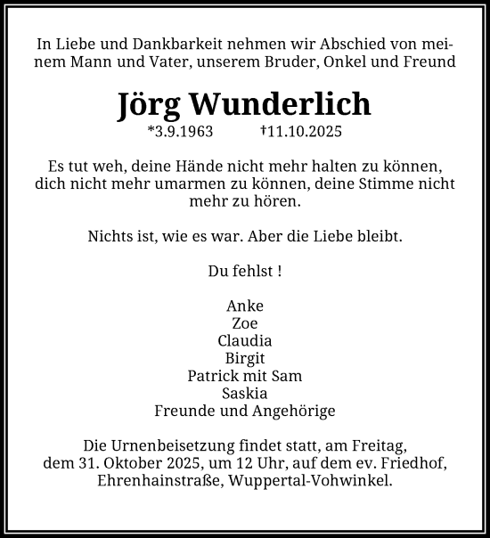 Traueranzeige von Jörg Wunderlich von trauer.wuppertaler-rundschau.de