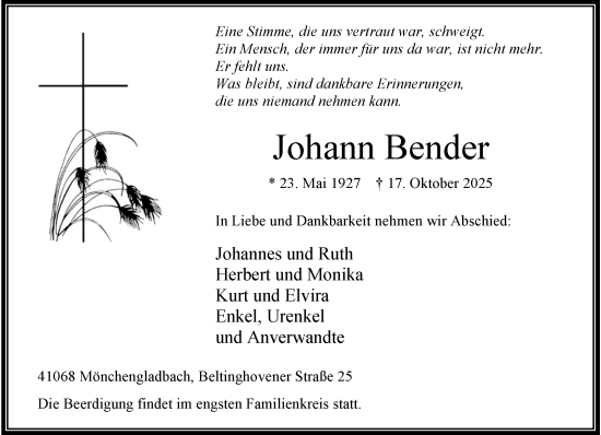 Traueranzeige von Johann Bender von trauer.panorama-anzeigenblatt.de