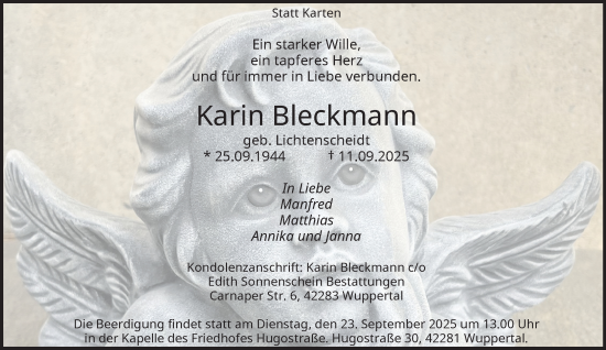 Traueranzeige von Karin Bleckmann von trauer.wuppertaler-rundschau.de